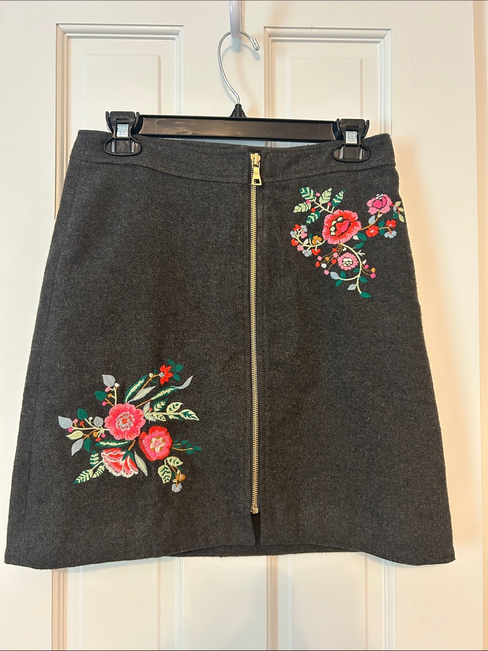 LOFT Charcoal A-Line Skirt with Floral Embroidery and Gold Zip